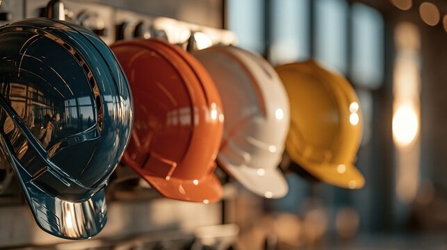 Four glossy hard hats in navy orange white and yellow hanging on a storage rack inside industrial warehouse with warm sunlight for construction crew