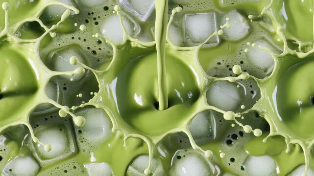 Vibrant green liquid splashing around ice cubes in slow motion, close-up macro shot of frothy beverage with bubbles, symbolizing refreshment and summer vibes