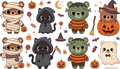 Fototapeta premium Kawaii Halloween animal sticker set with cute bear mummy cat grim reaper Frankenstein and pumpkin characters for holiday decor