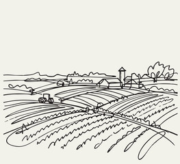 Fototapeta premium Line sketch abstract harvest fields sketch