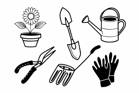 Minimalist black and white vector illustration set displaying essential gardening tools like flower pots shovels watering cans and protective gloves