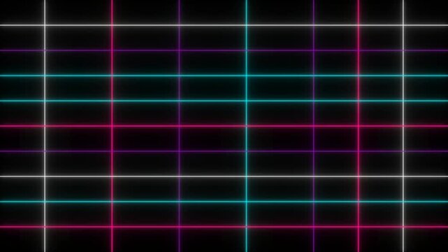 Futuristic neon grid background with glowing multicolored intersecting lines in seamless looping motion