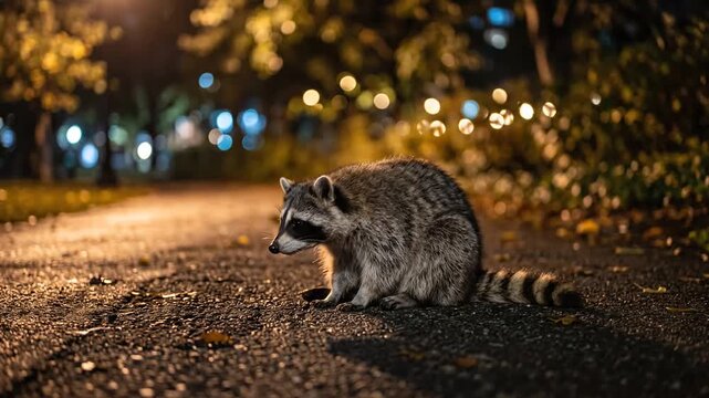 Cute Raccoon Foraging for Food on Park Path at Night
