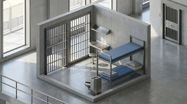 Modern prison cell interior with metal bars and bunk beds.