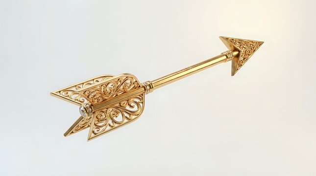 Ornate golden arrow with decorative filigree leaf-shaped fletching