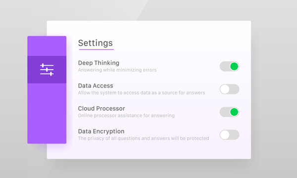 AI application settings page toggle switch modal user interface design template