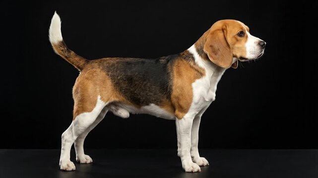 A beagle dog stands on a black background wagging its tail sequentially in eight frames
