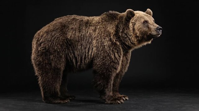 A brown bear moving its head up and down in a studio with dark background