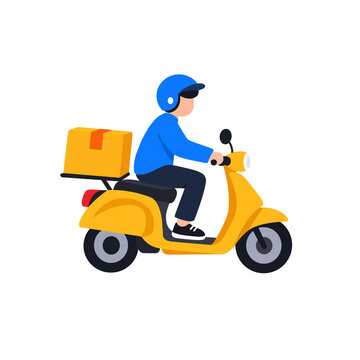 Delivery courier riding a yellow scooter with package box, fast express shipping service vector illustration. 