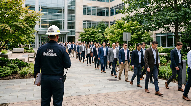 Corporate Lineup of Professionally Dressed Employees Arriving for Business Meeting supervised by a fire marshal in an office