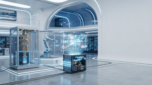 Futuristic Research Facility Featuring a Quantum Computer, Robotic Automation, and Digital Holograms