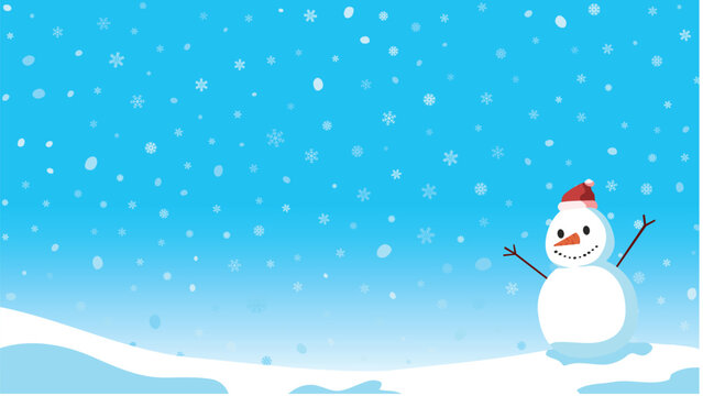 Flat illustration of a cute snowman with a santa hat waving in a snowy landscape with falling snowflakes on a blue gradient. Winter background with copy space for text.