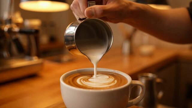 Close-up of barista pouring steamed milk into espresso to create latte art in a white mug