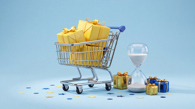 A shopping cart filled with gift boxes beside an hourglass, symbolizing holiday shopping, time-limited sales, and seasonal discount offers.