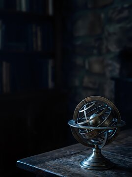 Antique brass armillary sphere with blue orbital rings mounted