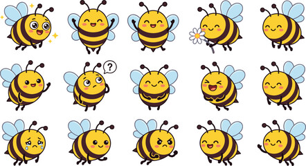 Obraz premium Vector illustration collection of cute cartoon honey bee characters showing various facial expressions emotions and poses isolated on solid white background