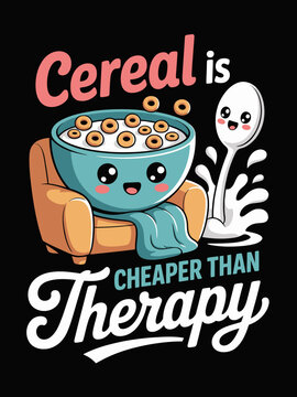 Kawaii cereal bowl quote Cereal is cheaper than therapy