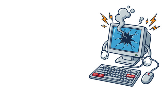 Cartoon vector of broken computer with cracked screen and smoke, technology error and system failure illustration