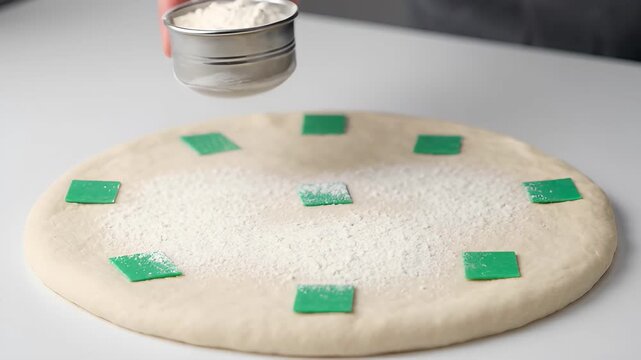 Sifting Flour onto Pizza Dough with Green Square Toppings, Close-Up