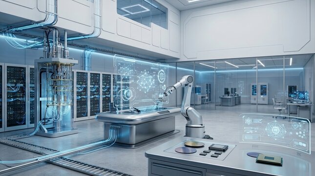 Futuristic Automated Laboratory with Robotic Arm Working on Holographic Interface in Modern Data Center