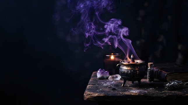 Witch cauldron with purple smoke and glowing flames on wooden