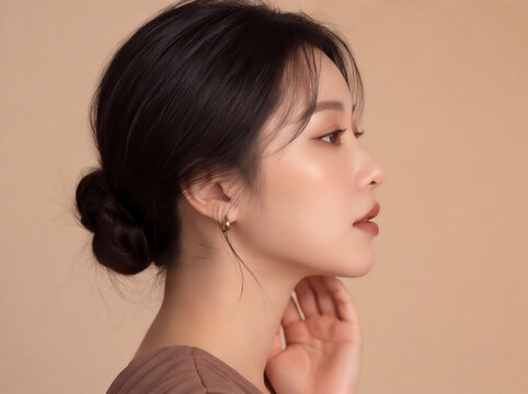 목선을 손으로 감싸며 옆을 응시하는 우아한 뷰티 프로필