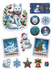 Naklejka premium Collection of Festive Arctic Fox Christmas Stickers featuring Ornate Folk Art Illustrations, Decorative Winter Holiday Elements, Snowy Scenes, and Floral Patterns on a Plain White Background.