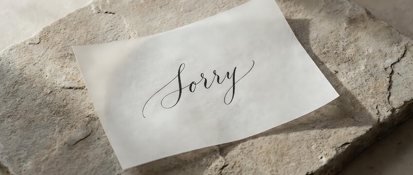 Handwritten sorry note on white paper placed on textured beige stone