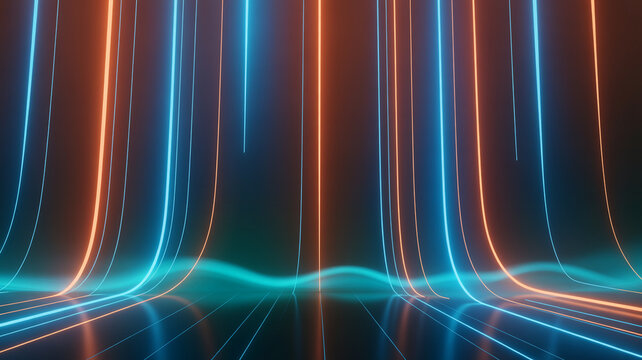 Vertical glowing neon light pillars descending onto a reflective digital platform with horizontal wave light columns glowing streaks blue orange futuristic tech