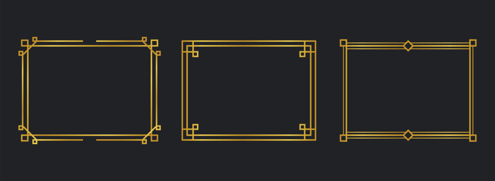 Elegant golden geometric frame set. Modern art deco rectangular border collection. Luxury decorative square line frames.