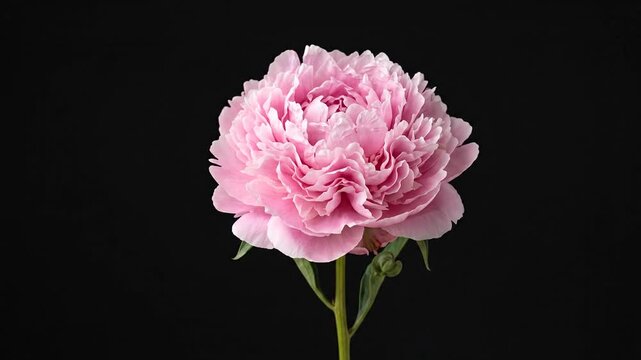 Time lapse of a pink peony flower blooming against a black background