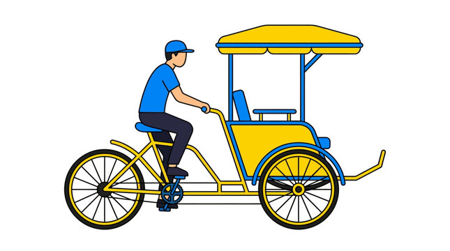 Cyclist drives a colorful rickshaw with a yellow canopy - flat illustration
