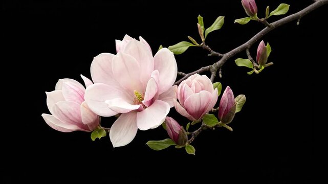 Pink magnolia flowers blooming on a dark background