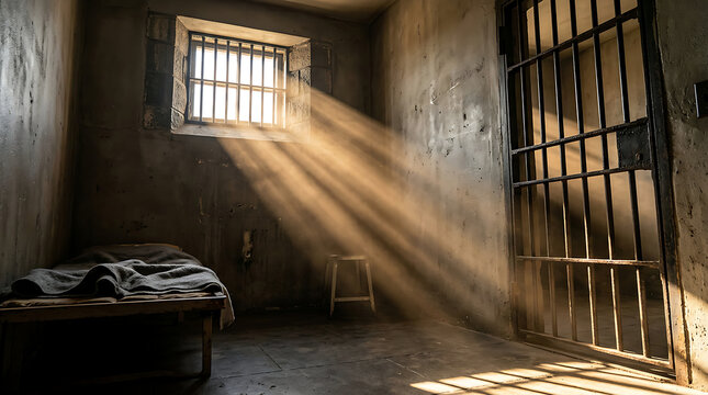 Sunlight streaming through prison cell window bars.
