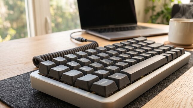 Custom mechanical keyboard connected to laptop on wooden desk