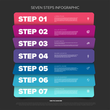 A professional seven steps infographic with colorful banners. This seven steps infographic design is perfect for displaying a sequential business process or workflow layout.