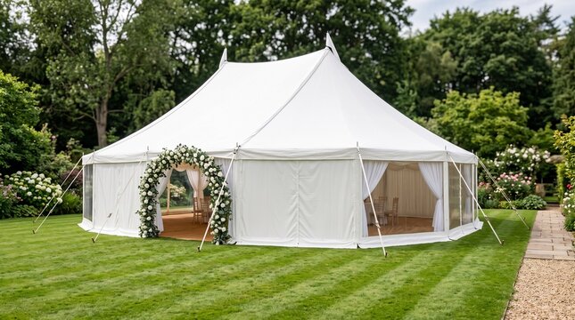 White wedding marquee tent decorated with a lush floral arch entrance on a green lawn in a scenic backyard garden for outdoor celebration events and wedding planning