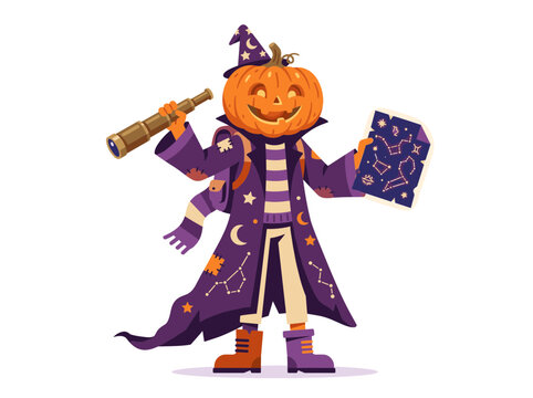 Cute pumpkin head wizard character holding a telescope and star constellation map, Halloween astrologer and astronomer magician cartoon vector illustration