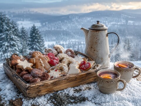 Rustikales Weihnachtsstillleben mit Vanillekipferln, Spitzbuben, Lebkuchen und Kerzen auf dunklem Holztisch. Festliche Auswahl an Weihnachtsgeb&auml;ck mit gem&uuml;tlicher Adventsstimmung.