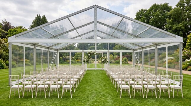 Transparent wedding marquee tent on a lush green lawn with elegant chiavari chairs and a floral arch setup for an outdoor garden ceremony