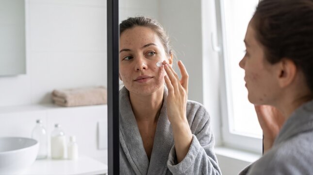 Woman applying face cream in mirror during daily skincare routine in a bright bathroom