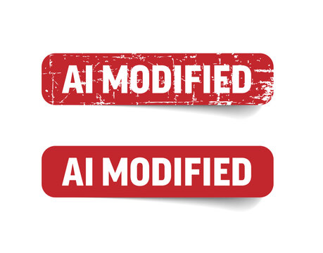 A set of red AI modified labels featuring a weathered rubber stamp effect and a clean sticker. Use this AI modified graphic to mark content created with artificial intelligence tools.