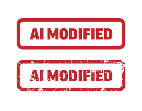 A red AI modified rubber stamp set in clean and grunge styles. Use this AI modified stamp to label and identify digital content altered by artificial intelligence.