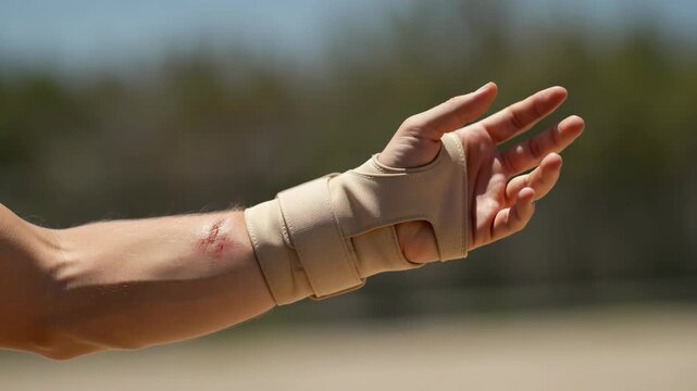 Close-up of a person's hand with a wrist brace and an abrasion on their forearm, demonstrating a gesture