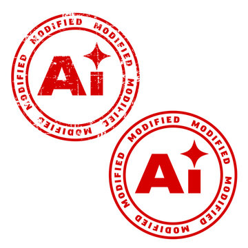 A red rubber stamp indicating AI modified content. This circular seal shows a clear AI modified label to identify images or text created with artificial intelligence tools.