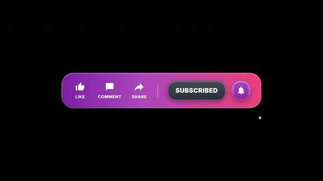 Subscribe button overlay with like comment and share icons, gradient social media buttons on 4K 