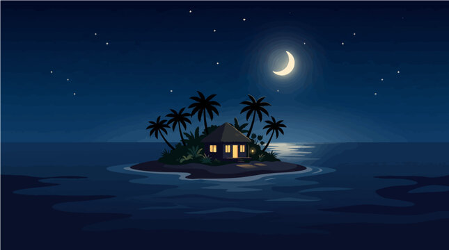 Tropical island hut sits peacefully surrounded by dark ocean waters under a bright crescent moon in this beautiful flat vector illustration