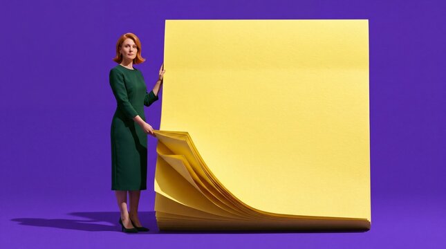 Businesswoman Standing Next to Giant Yellow Adhesive Note