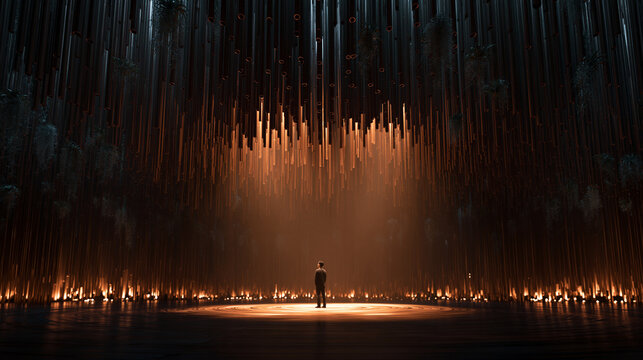 Man Standing in Futuristic Glowing Digital Light Installation