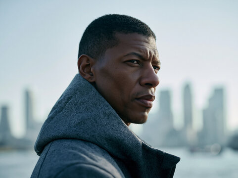 Serious African American Man Contemplating in Urban Setting